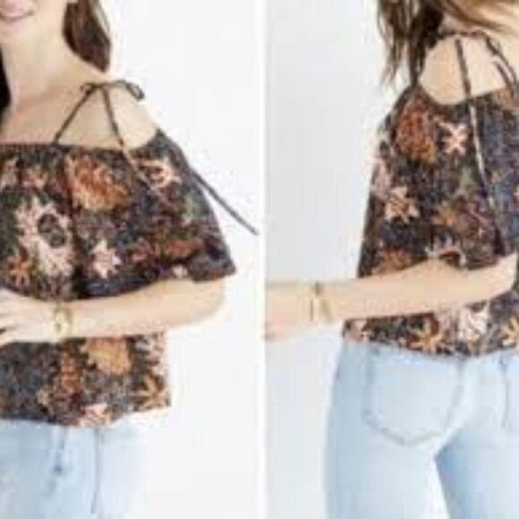 Madewell Navy Silk Cold Shoulder Sea Floral Boxy Flowy Tassel Cropped XS Blouse - Picture 2 of 10